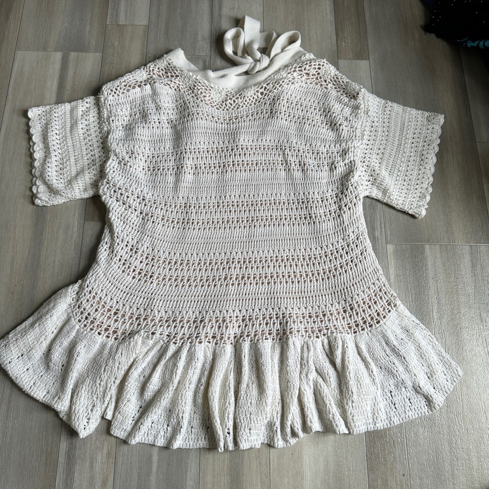 Free People Sistine Dress Womens L Crochet Boho‎ Festival Western Ivory Tie Back - Picture 3 of 8